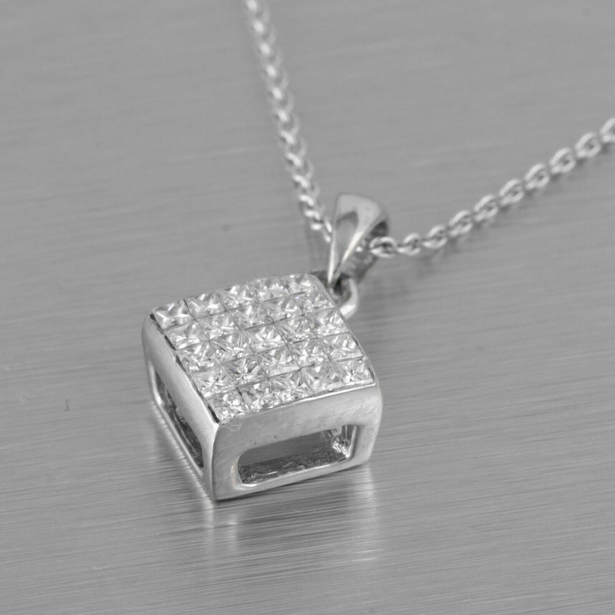 Estate 18k White Gold Princess Cut Diamond Square Pendant Necklace 0.5