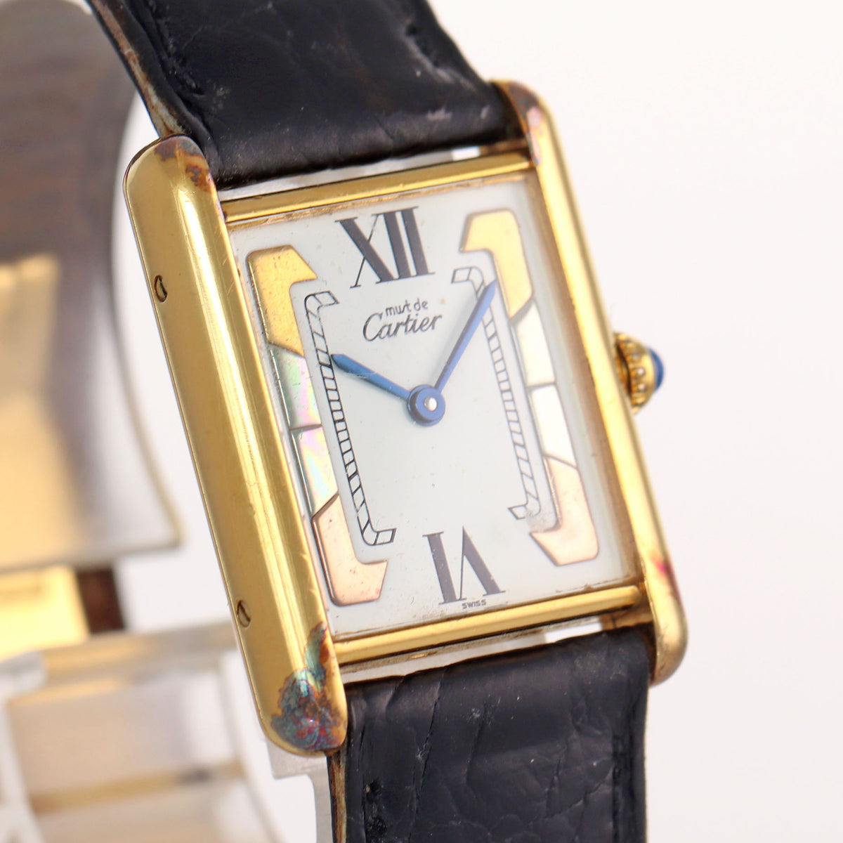 Vtg Ladies Must De Cartier Tank Vermeil Gold Tri Color White Roman Qua