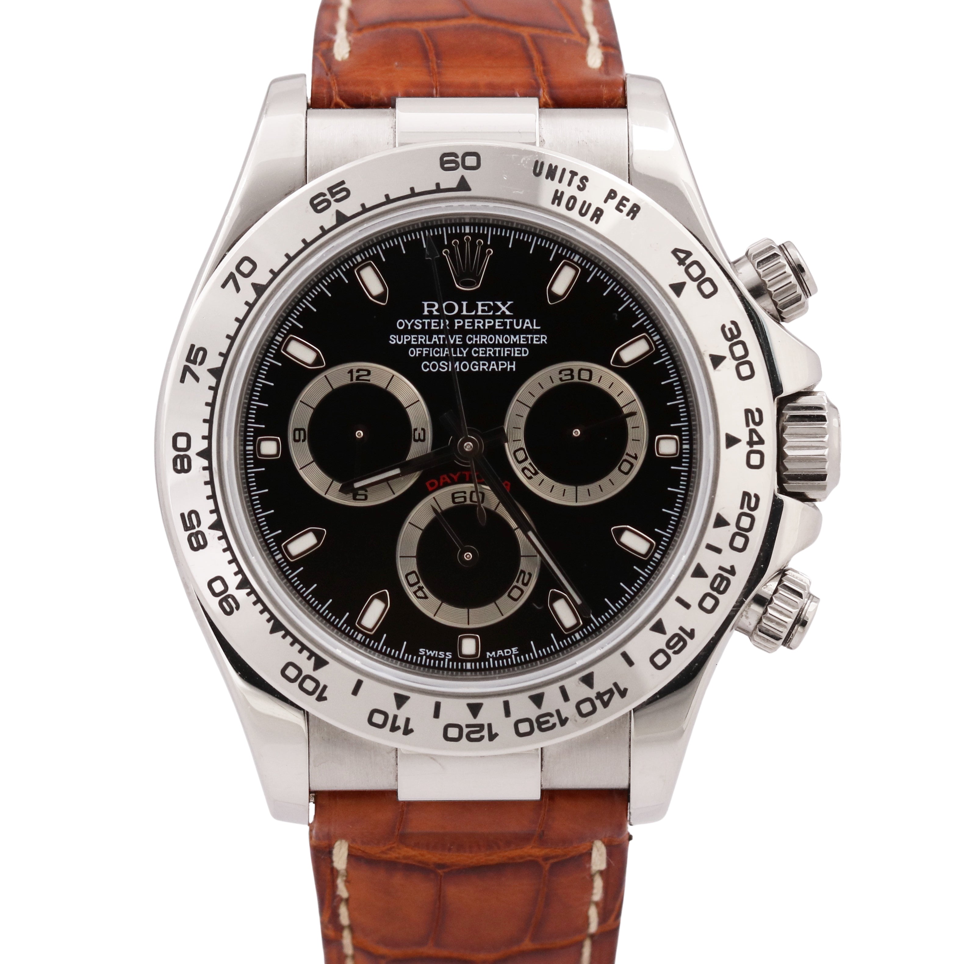 UNPOLISHED Rolex Daytona BLACK 18K White Gold Brown Leather Watch 116519 BOX