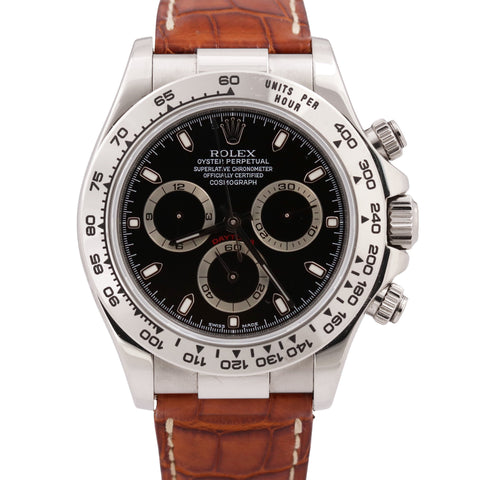 UNPOLISHED Rolex Daytona BLACK 18K White Gold Brown Leather Watch 116519 BOX