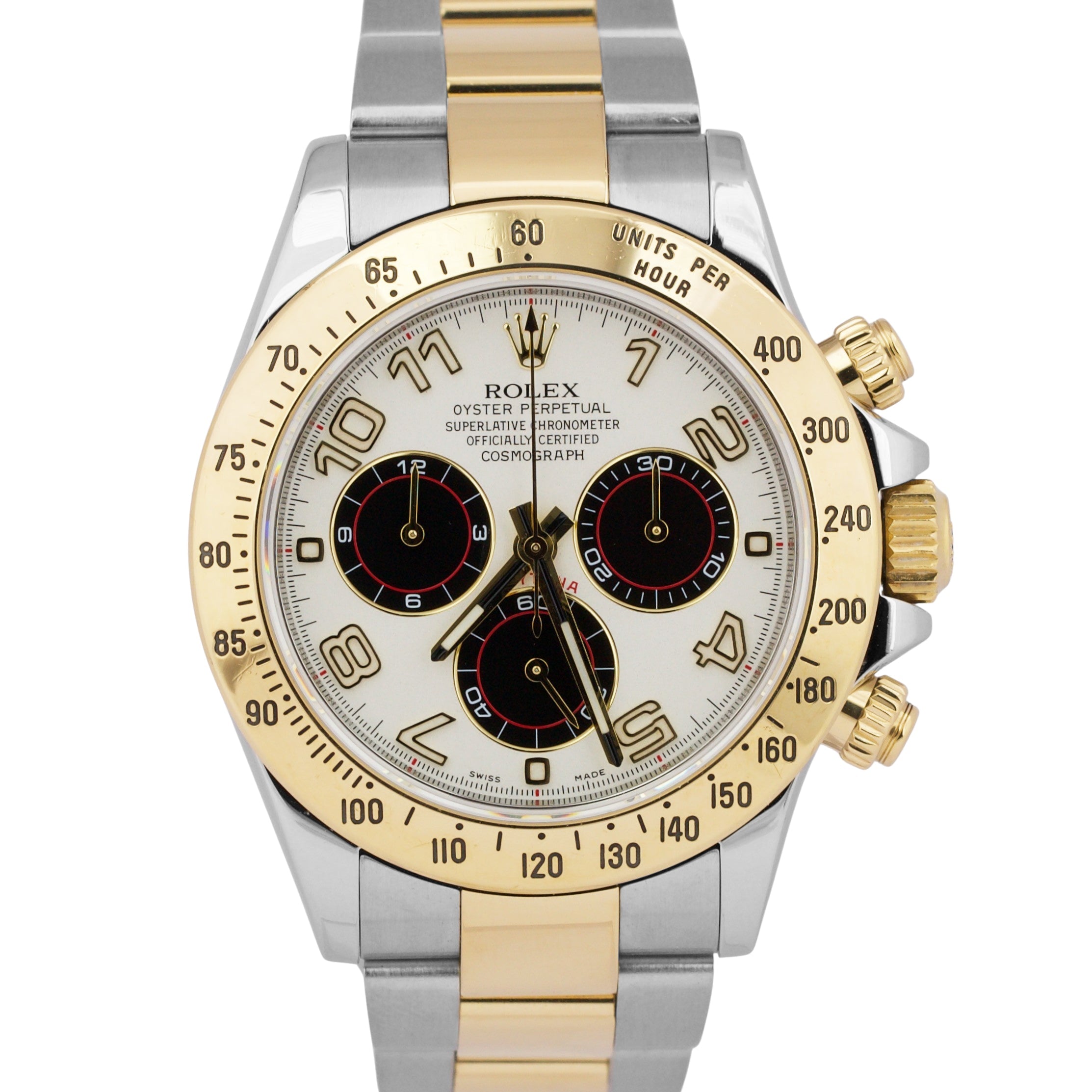 Rolex Daytona Cosmograph IVORY RACING Arabic 18K Yellow Gold Steel Watch 116523