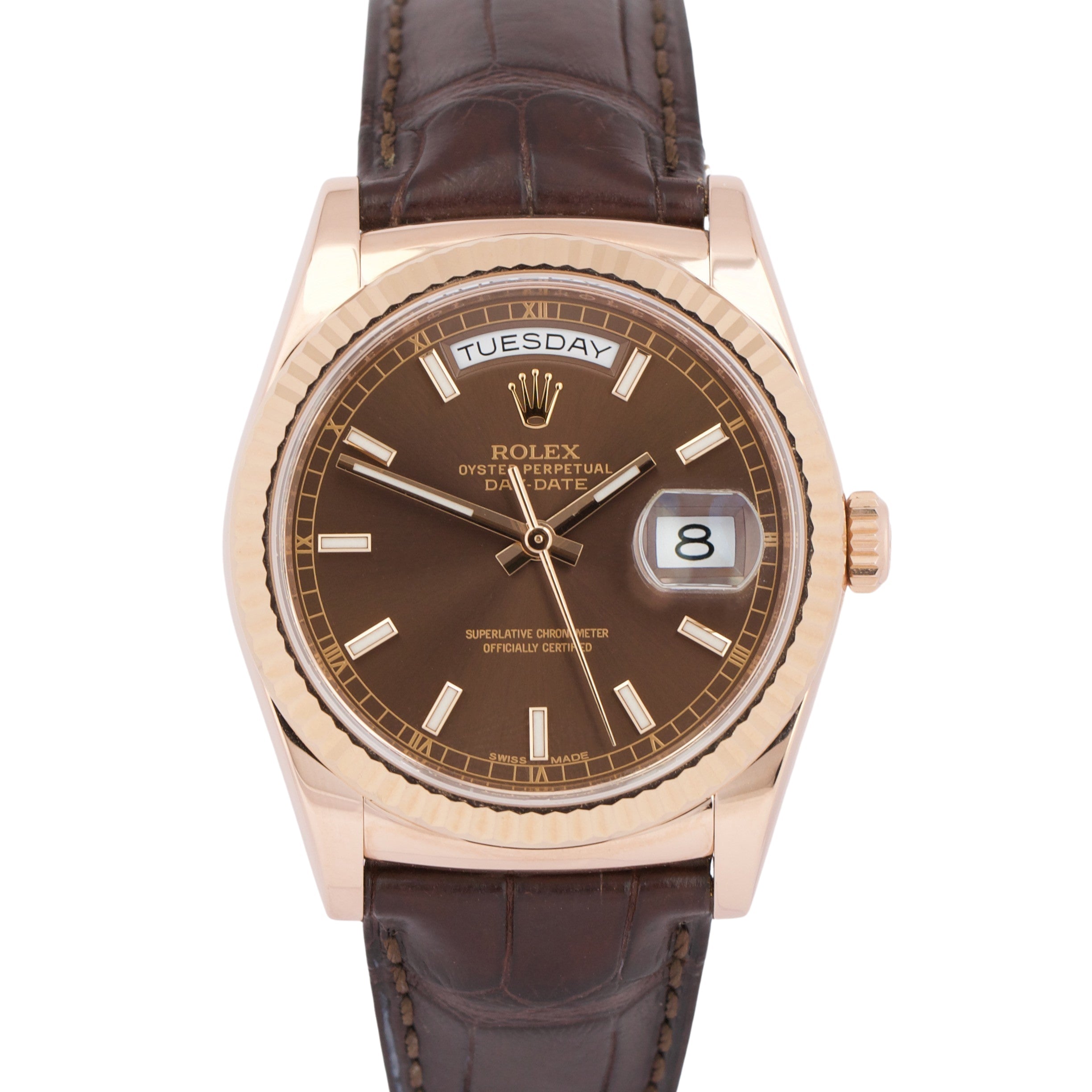 MINT Rolex Day-Date President 36mm CHOCOLATE Brown 18K Rose Gold Leather 118135