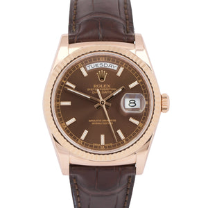 MINT Rolex Day-Date President 36mm CHOCOLATE Brown 18K Rose Gold Leather 118135