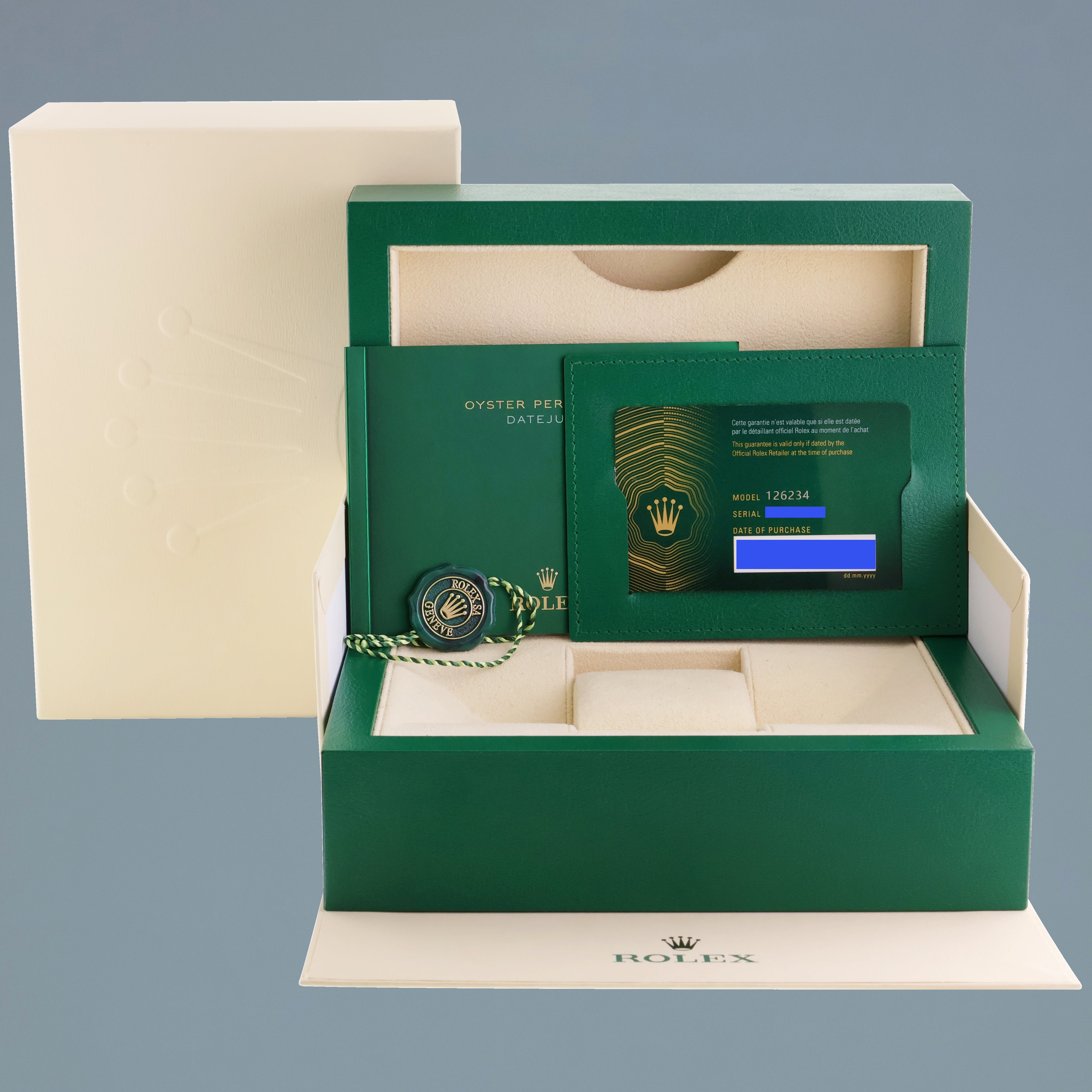 2022 NEW PAPERS Rolex DateJust Green Palm 126234 Steel Oyster White Gold Watch Box