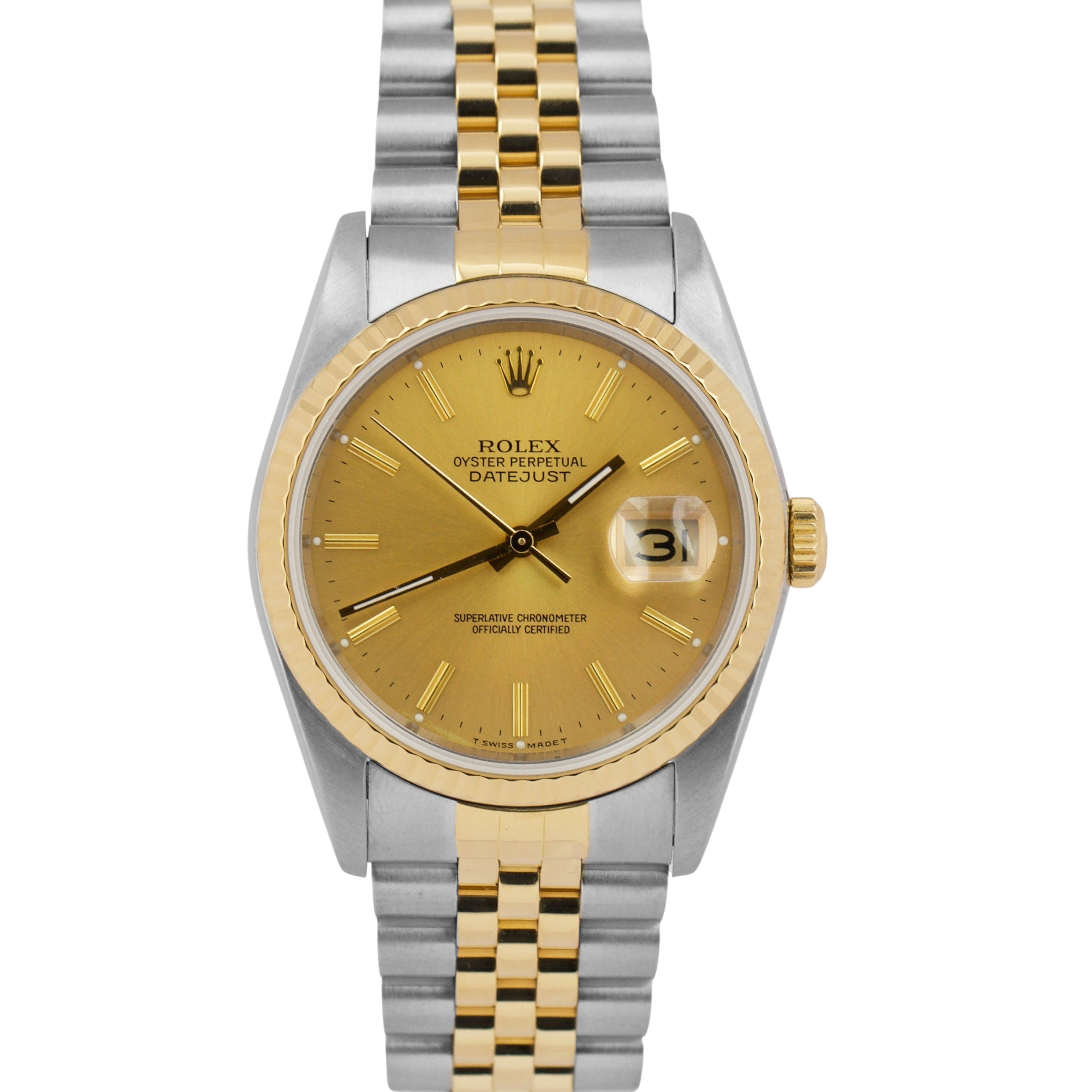 MINT Rolex DateJust 36mm CHAMPAGNE 18K Yellow Gold Stainless JUBILEE Watch 16233