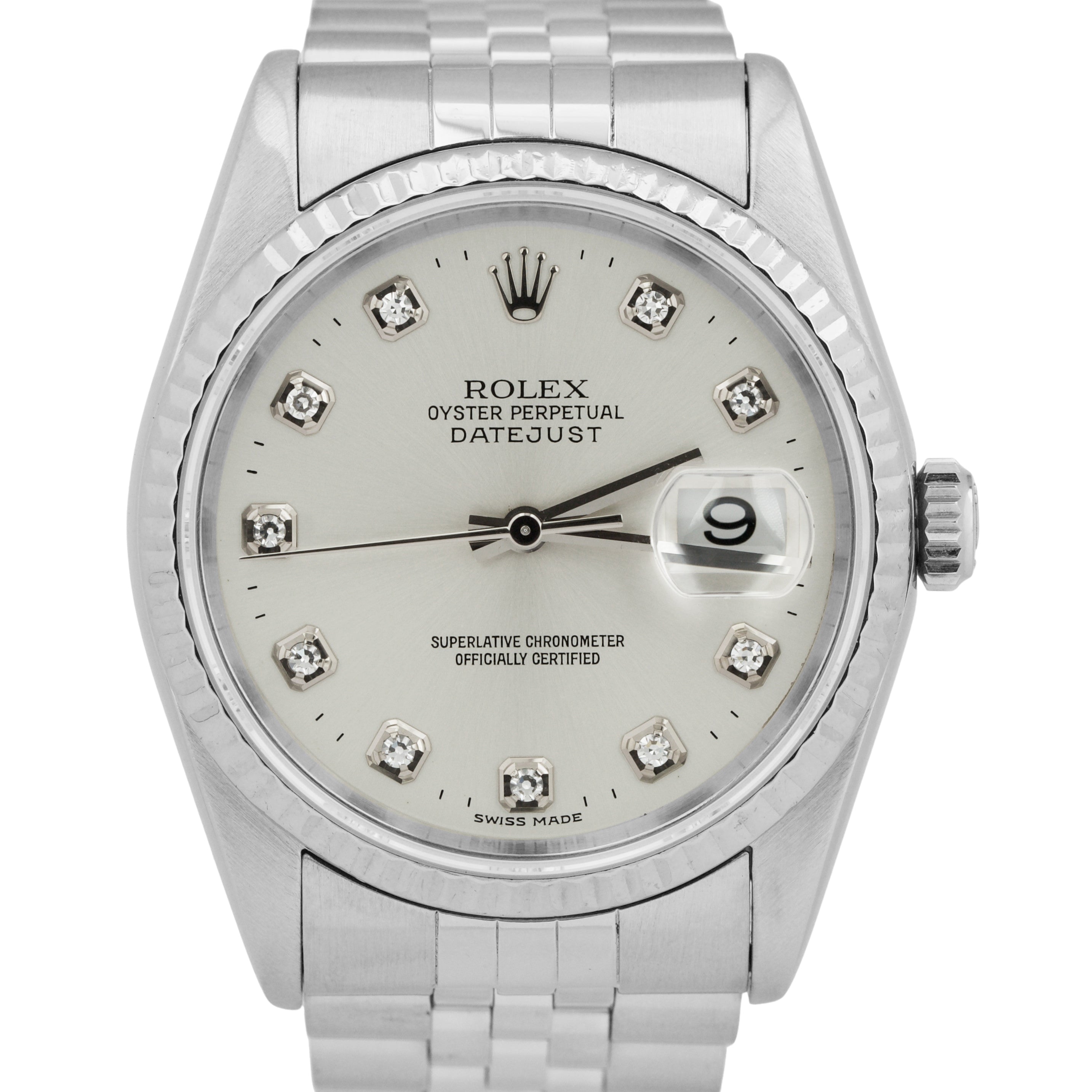 Rolex DateJust FACTORY SILVER DIAMOND 36mm NO-HOLES Steel 18K Gold Jubilee 16234