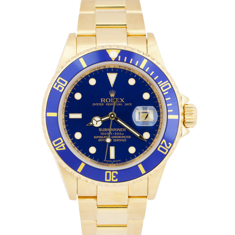 Rolex Submariner Date BLUE 18K Yellow Gold REHAUT 40mm Watch 16618 Watch BOX