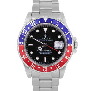 Rolex GMT-Master 40mm PEPSI Black Stainless Steel Blue Red Date Watch 16700