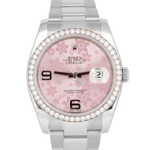 MINT Rolex DateJust 36mm FACTORY DIAMOND BEZEL Pink Floral Watch 116244 BOX