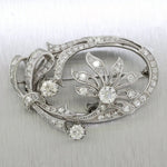 Antique Art Deco Platinum 3.00ctw F/VS2 Diamond Floral Oval Brooch Pendant