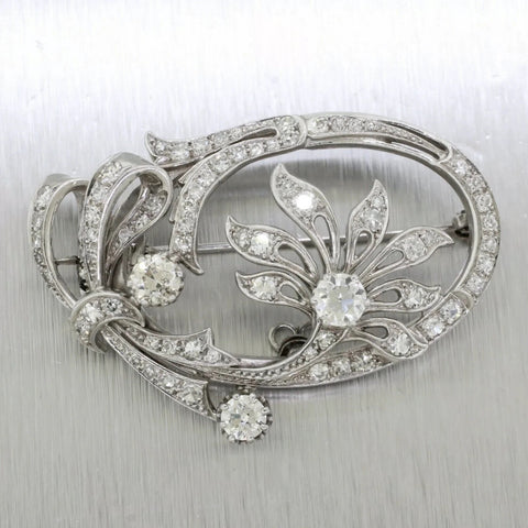 Antique Art Deco Platinum 3.00ctw F/VS2 Diamond Floral Oval Brooch Pendant
