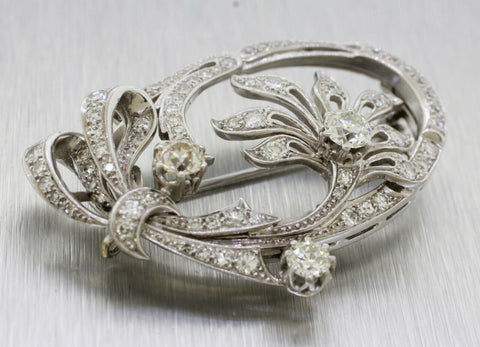 Antique Art Deco Platinum 3.00ctw F/VS2 Diamond Floral Oval Brooch Pendant