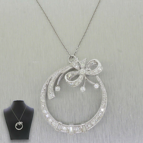 Vintage 2ctw Diamond Circle Ribbon Pendant - 14k White Gold - 16" Necklace