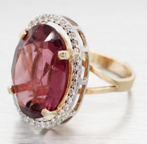 Antique Art Deco 10ct Amethyst Cocktail Ring w/ Diamond Halo - 14k Yellow Gold