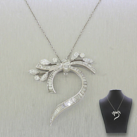 Vintage 3ctw Diamond Swirl Leaf Pendant - 16" Necklace - 14k White Gold