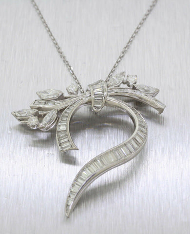 Vintage 3ctw Diamond Swirl Leaf Pendant - 16" Necklace - 14k White Gold