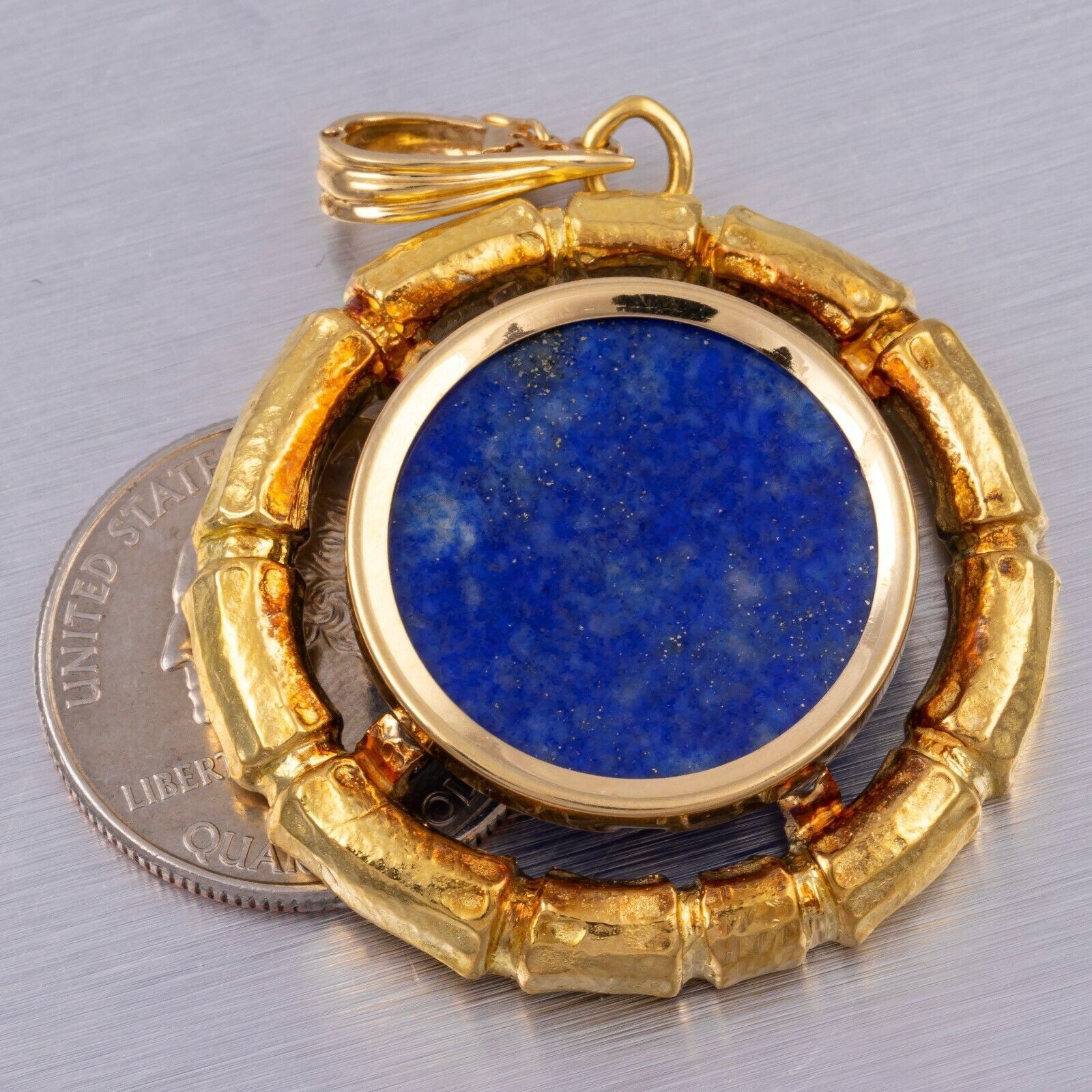 DAVID WEBB 18k Yellow Gold Bamboo Circle Lapis Pendant w/ Certificate