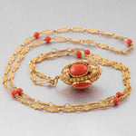 Antique Victorian Etruscan Revival 18k Yellow Gold Coral Pendant Necklace 36.5"