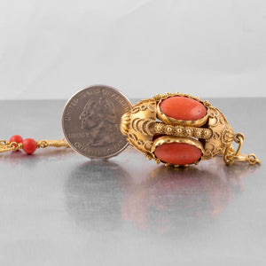 Antique Victorian Etruscan Revival 18k Yellow Gold Coral Pendant Necklace 36.5"