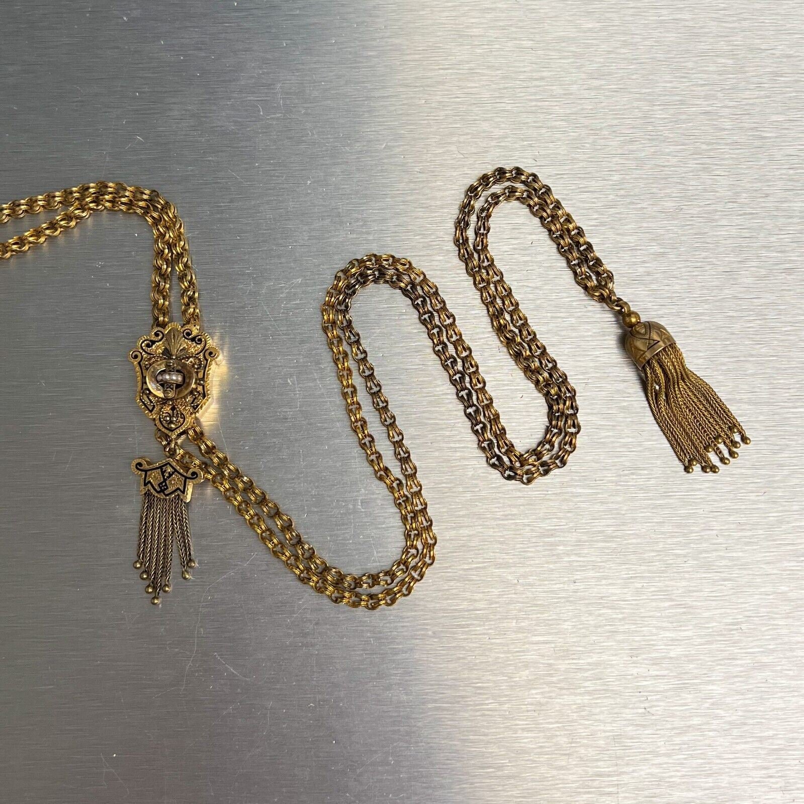 Antique Victorian 14k Yellow Gold Seed Pearl Dangling Tassel Slider Necklace 37"