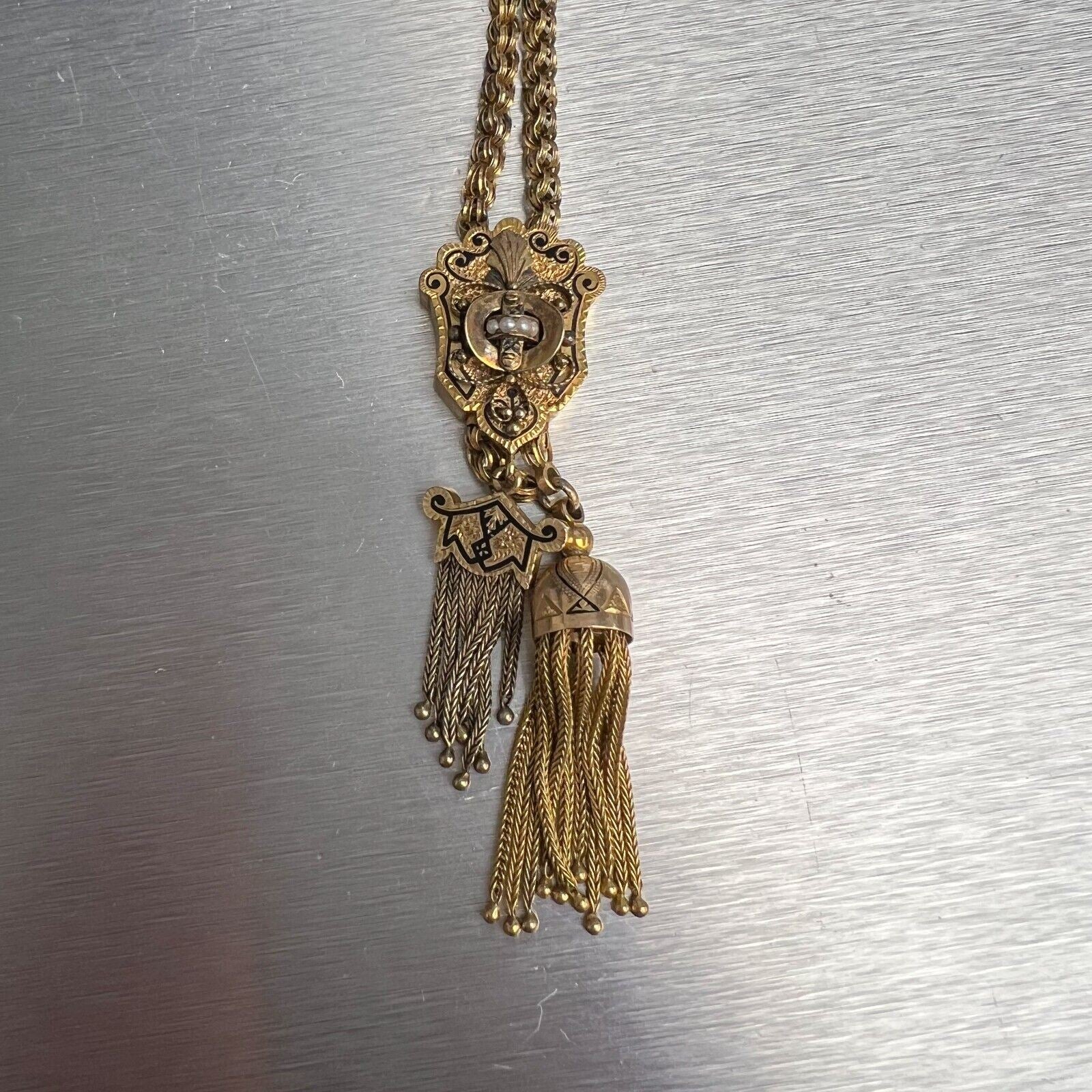 Antique Victorian 14k Yellow Gold Seed Pearl Dangling Tassel Slider Necklace 37"