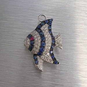 Pippo Perez 18k White Gold Diamond Sapphire Ruby Angel Fish Pendant 16" RARE