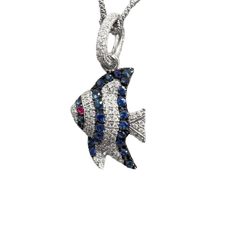 Pippo Perez 18k White Gold Diamond Sapphire Ruby Angel Fish Pendant 16" RARE