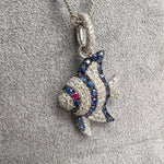 Pippo Perez 18k White Gold Diamond Sapphire Ruby Angel Fish Pendant 16" RARE