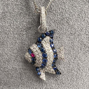 Pippo Perez 18k White Gold Diamond Sapphire Ruby Angel Fish Pendant 16" RARE