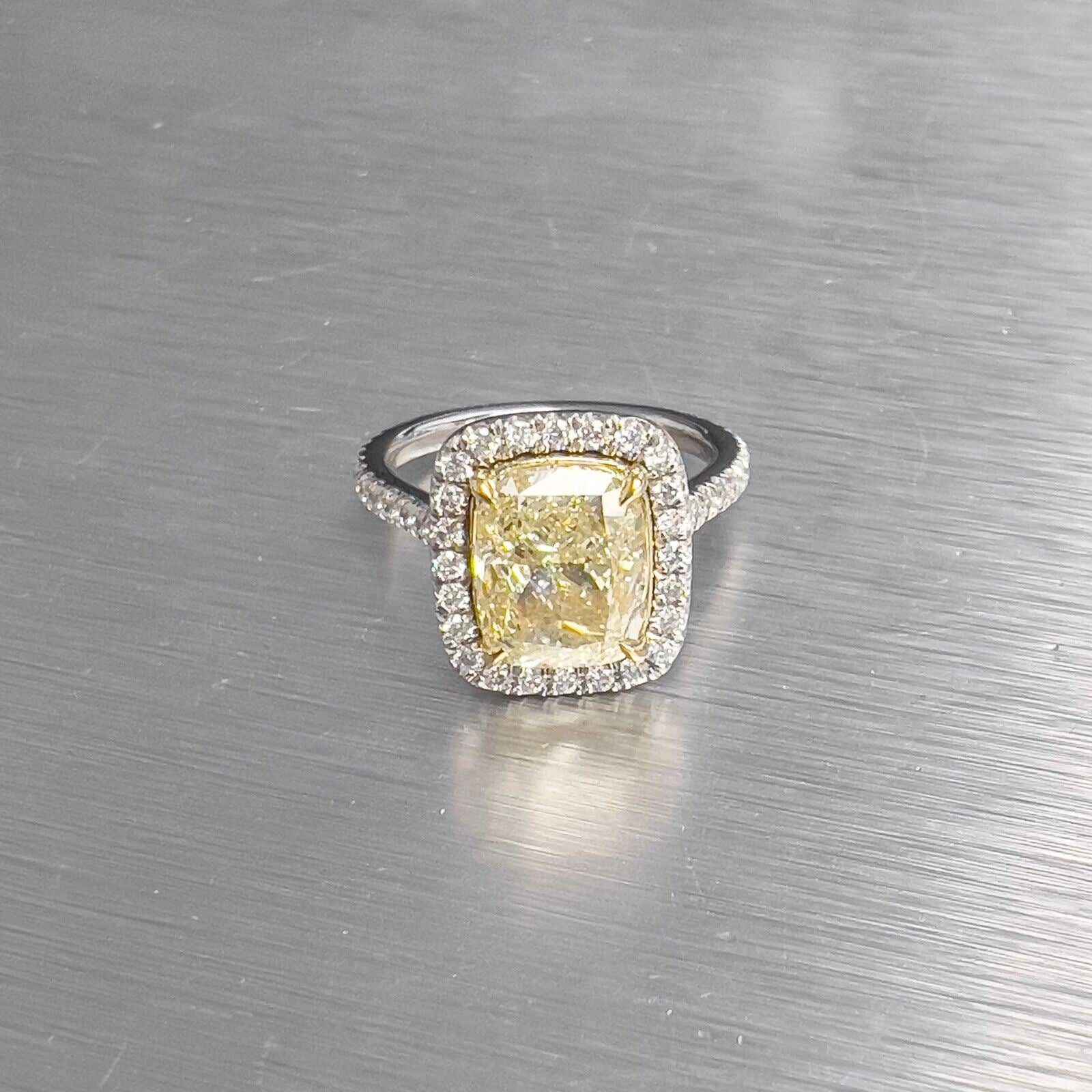 Platinum Cushion Brilliant Fancy Yellow Diamond Halo Ring 3.86ctw W-X VVS1 sz 5