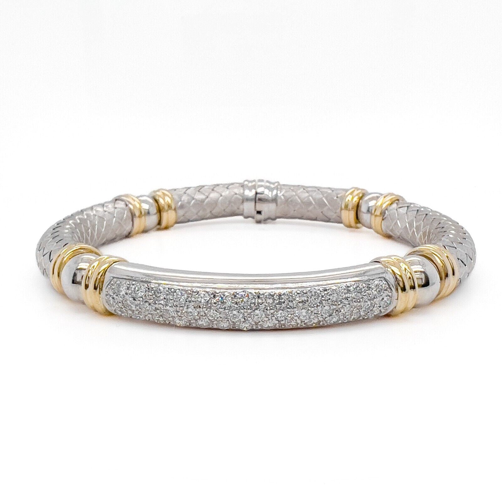 18k White & Yellow Gold Textured Basket Weave Diamond Bangle Bracelet 1.57ctw