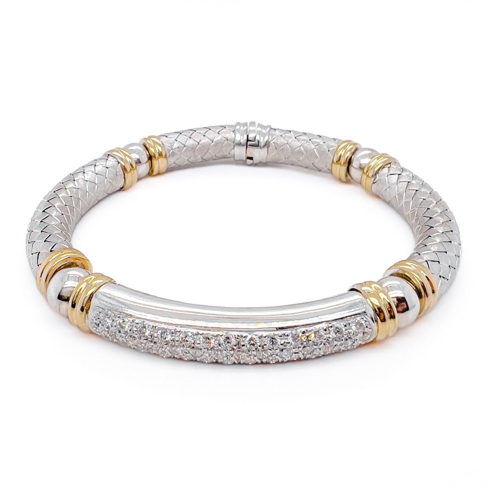 18k White & Yellow Gold Textured Basket Weave Diamond Bangle Bracelet 1.57ctw