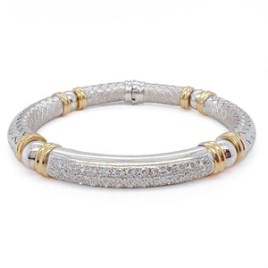 18k White & Yellow Gold Textured Basket Weave Diamond Bangle Bracelet 1.57ctw