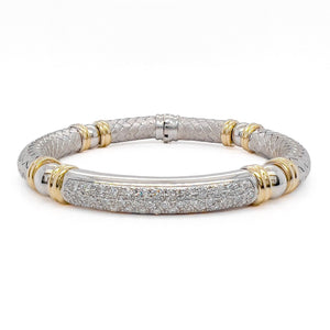 18k White & Yellow Gold Textured Basket Weave Diamond Bangle Bracelet 1.57ctw