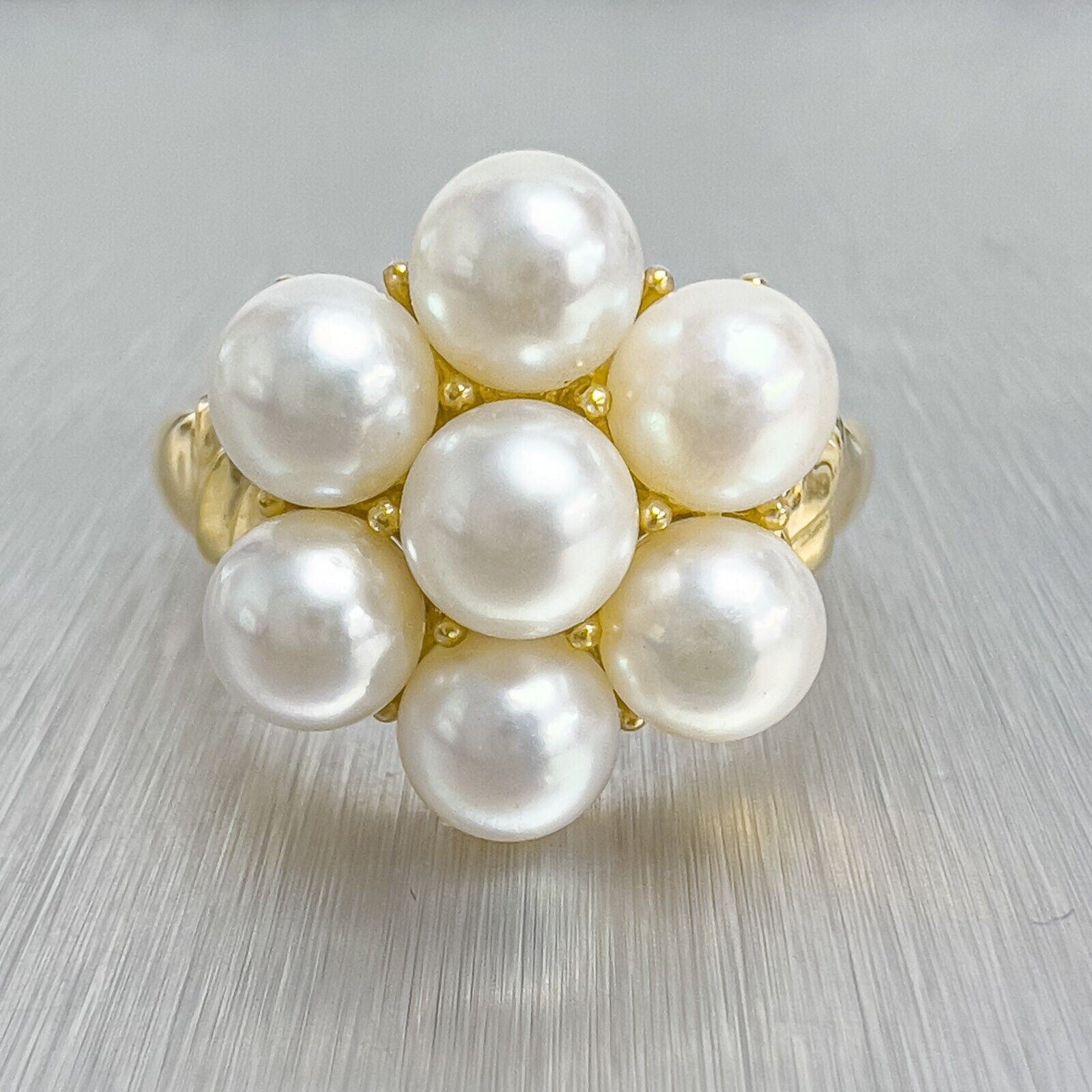 14k Yellow Gold 7 Stone Pearl Cluster Cocktail Ring Size 10