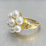 14k Yellow Gold 7 Stone Pearl Cluster Cocktail Ring Size 10