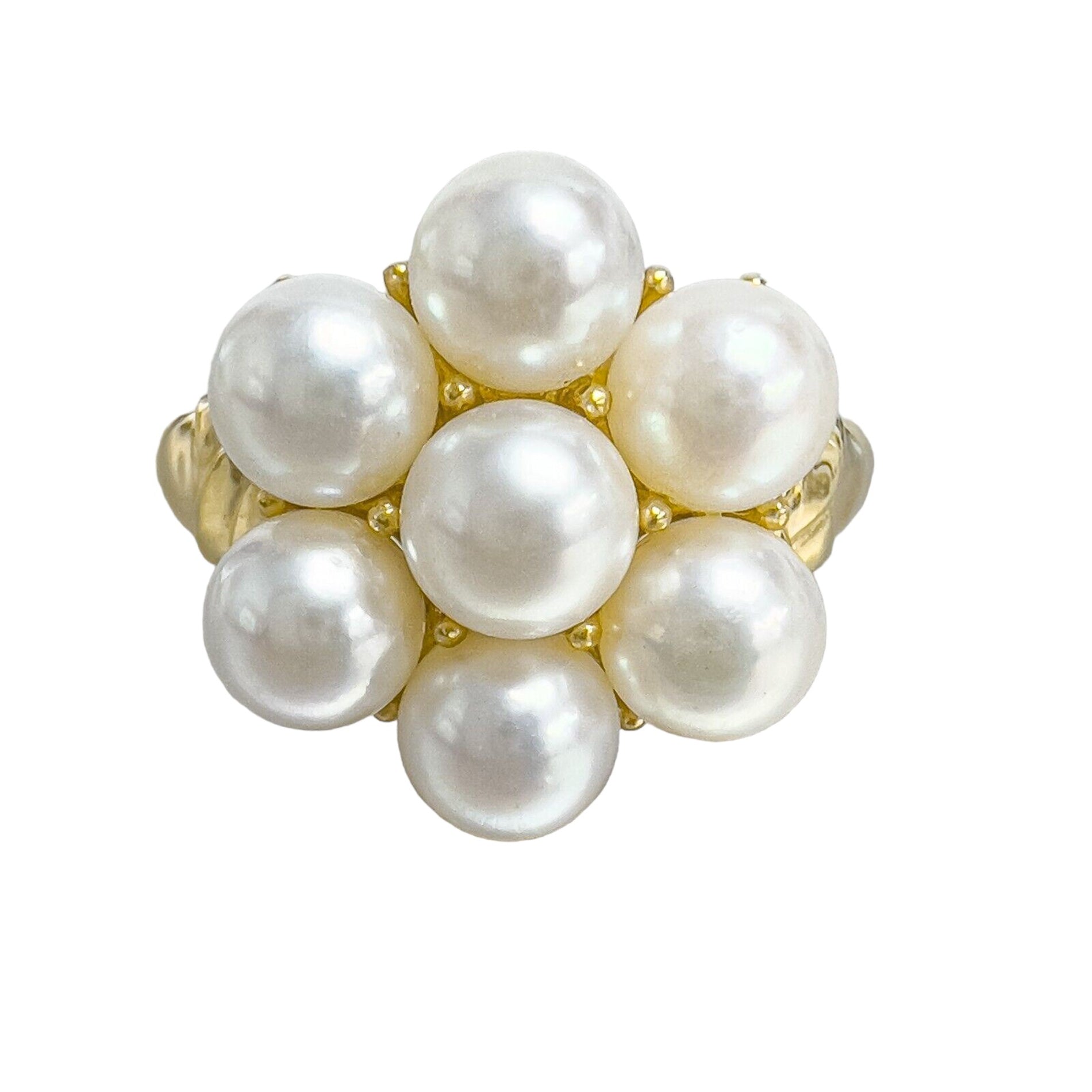 14k Yellow Gold 7 Stone Pearl Cluster Cocktail Ring Size 10