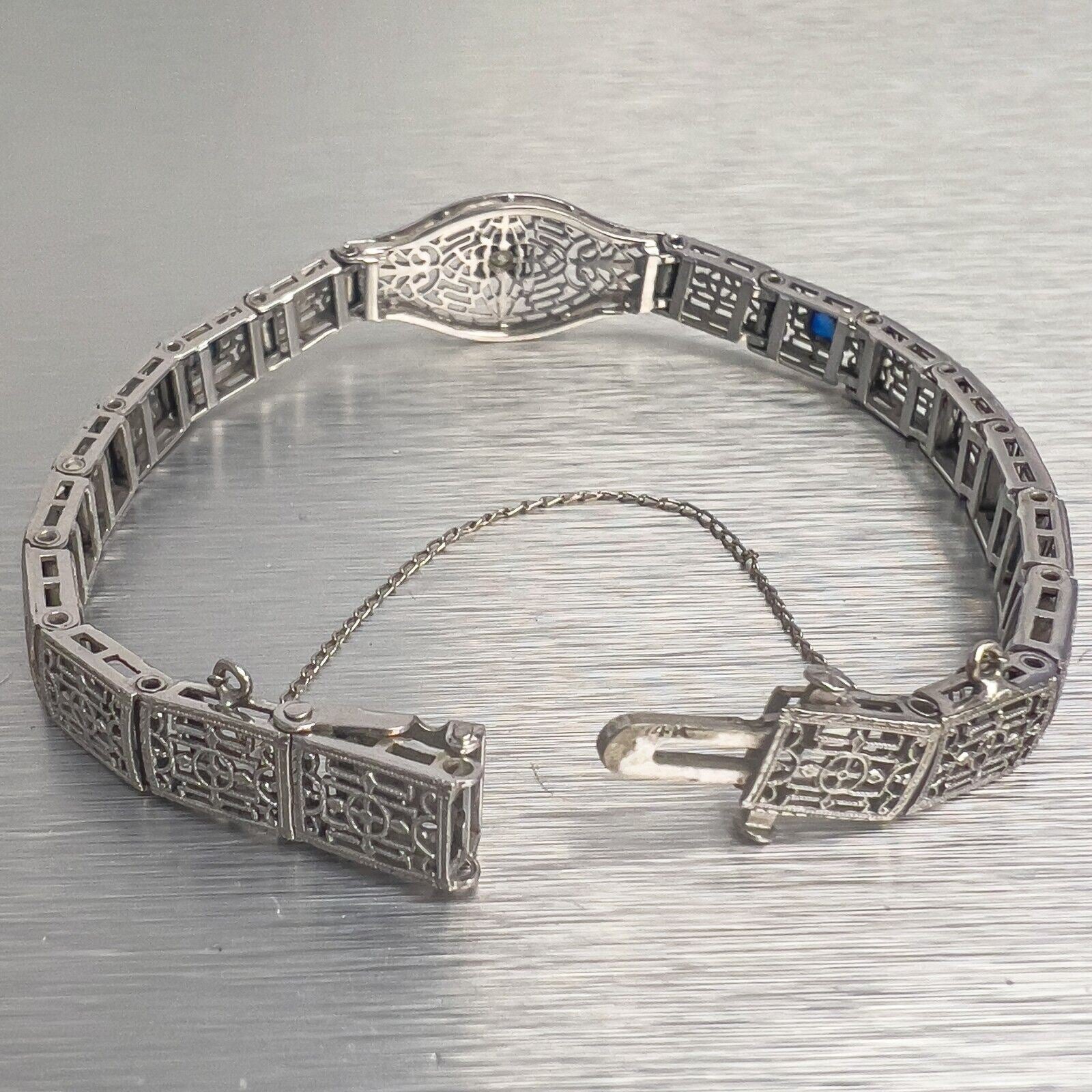 Antique Art Deco 14k White Gold Diamond Sapphire Filigree Bracelet 0.18ctw