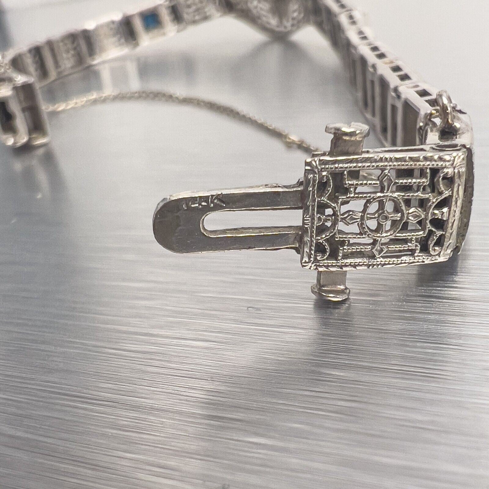 Antique Art Deco 14k White Gold Diamond Sapphire Filigree Bracelet 0.18ctw