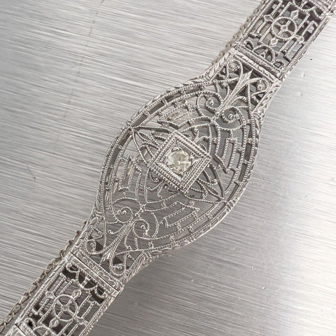 Antique Art Deco 14k White Gold Diamond Sapphire Filigree Bracelet 0.18ctw