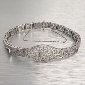 Antique Art Deco 14k White Gold Diamond Sapphire Filigree Bracelet 0.18ctw