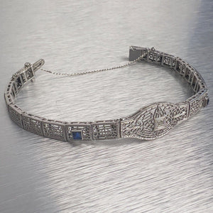 Antique Art Deco 14k White Gold Diamond Sapphire Filigree Bracelet 0.18ctw