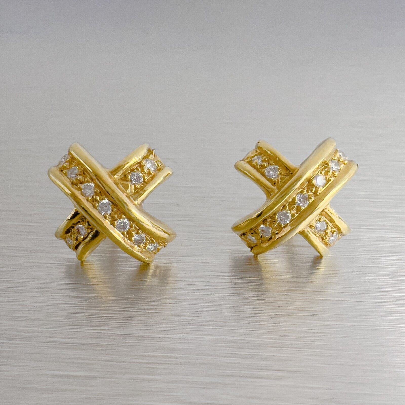 18k Yellow Gold Diamond Curved X Criss Cross Earrings 0.20ctw 5.3g VINTAGE