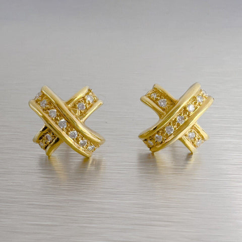 18k Yellow Gold Diamond Curved X Criss Cross Earrings 0.20ctw 5.3g VINTAGE