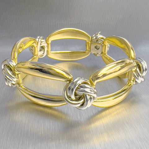 18k White & Yellow Gold Two Row Knot Station Bracelet 7.25" 82.6g