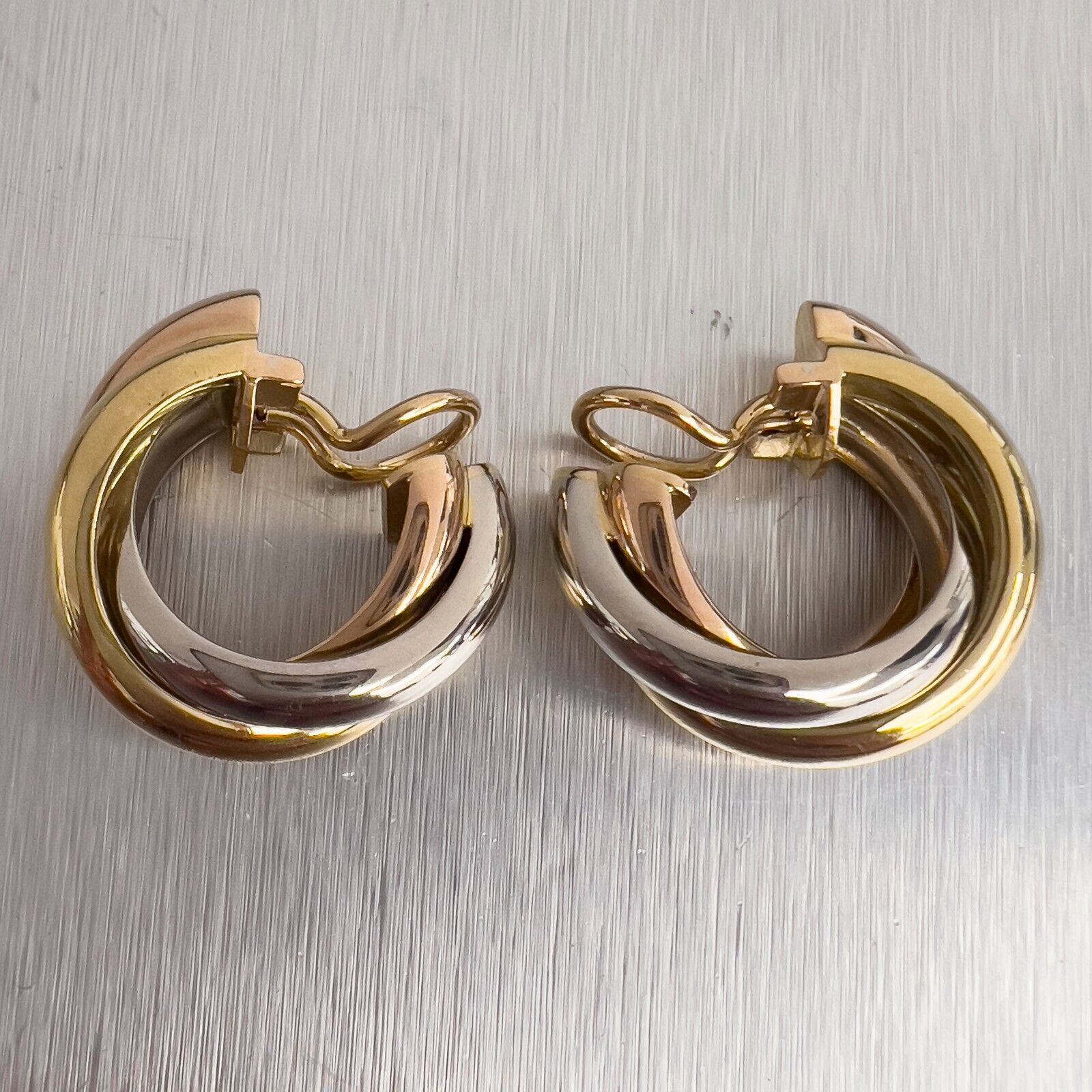 Cartier Trinity Tri Color 750 18k White Yellow & Rose Gold Clip-On Earrings 15g