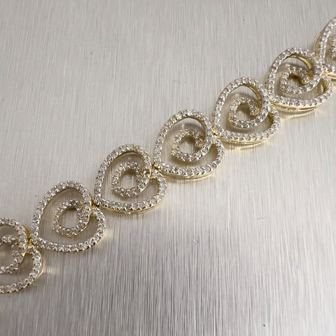 Vintage 14k Yellow Gold Diamond Swirl Heart Link Bracelet 0.35ctw H I1 7"