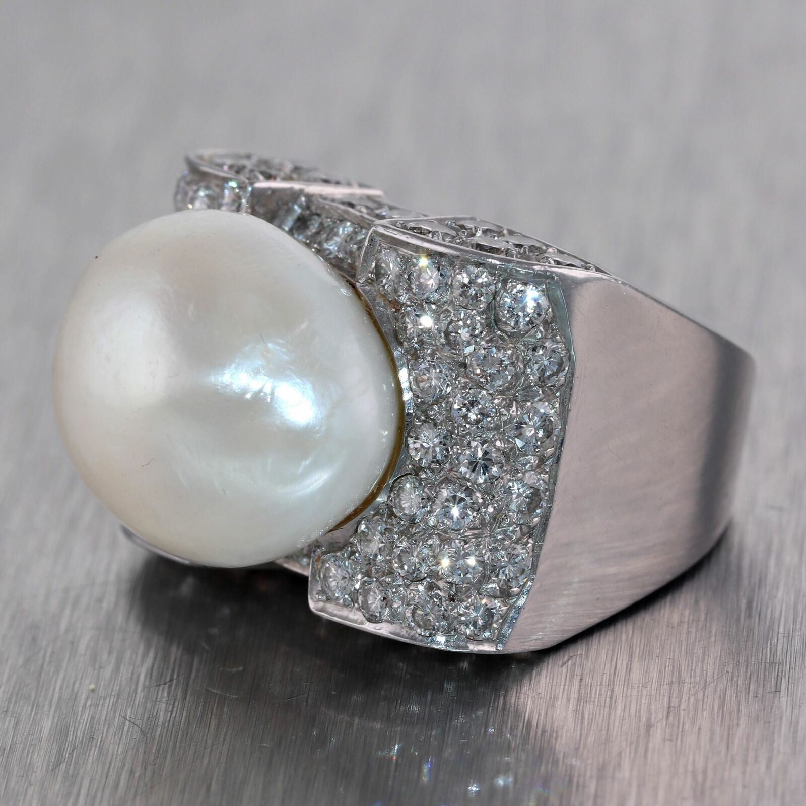 1960's Vintage Estate Chunky Platinum 5ctw Diamond & Pearl Cocktail Ring