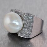 1960's Vintage Estate Chunky Platinum 5ctw Diamond & Pearl Cocktail Ring