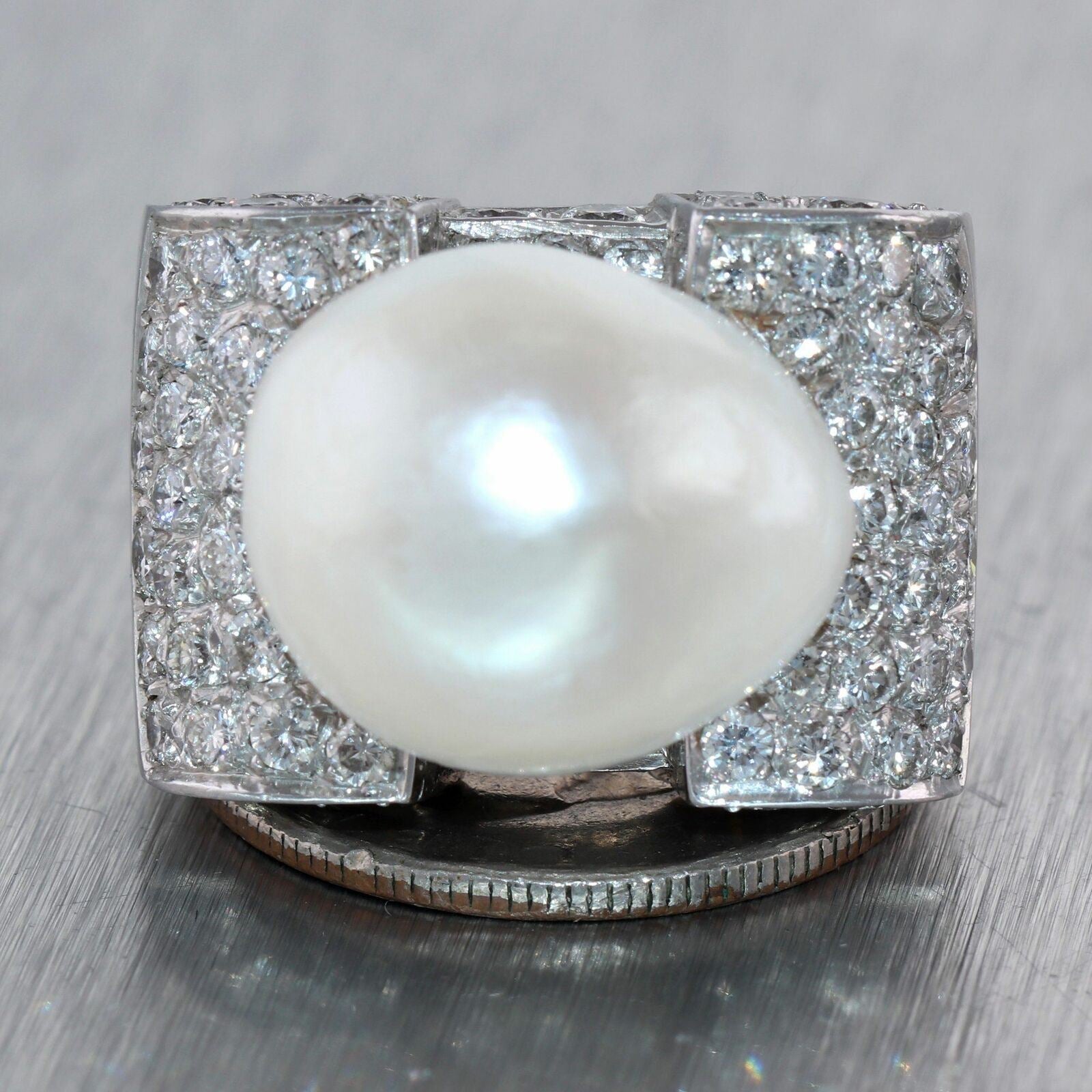 1960's Vintage Estate Chunky Platinum 5ctw Diamond & Pearl Cocktail Ring